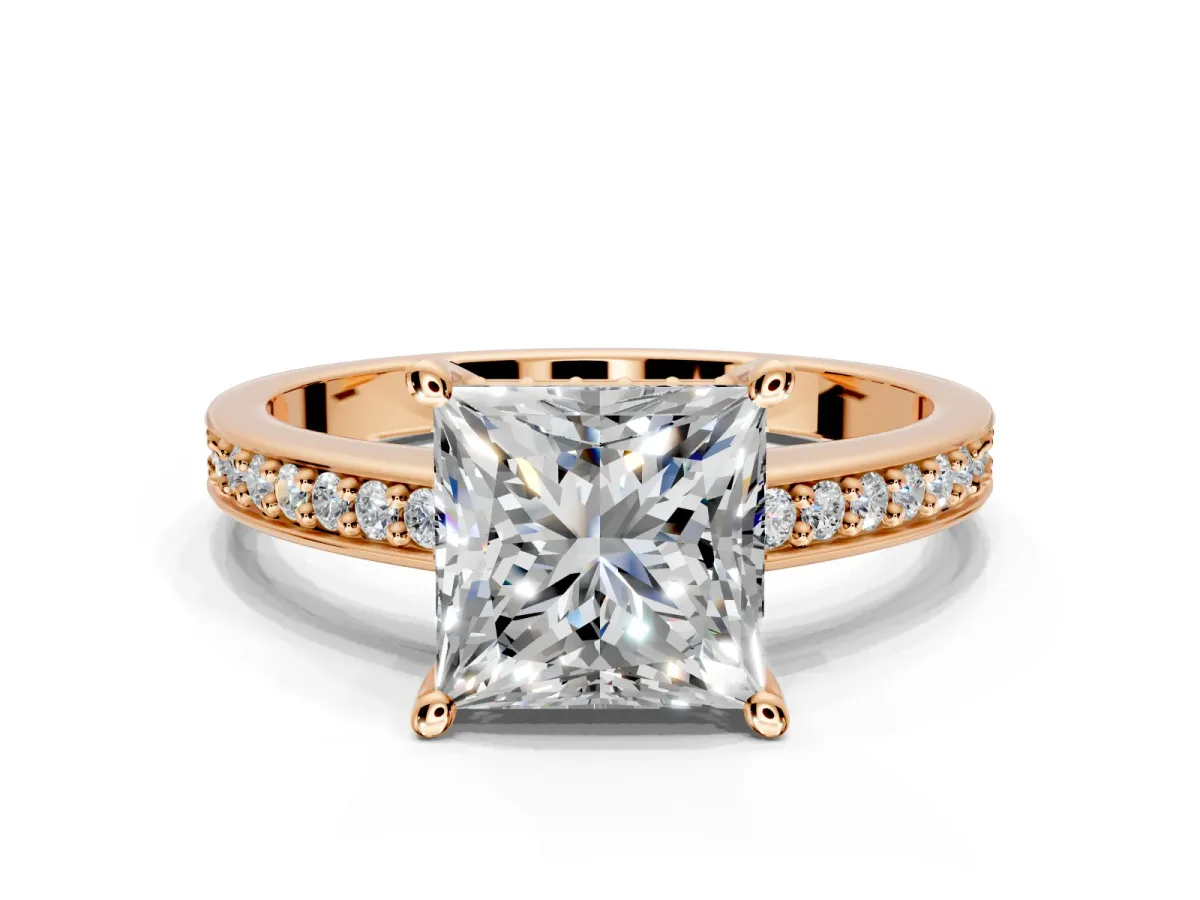 Solitaire Engagement Ring Setting for Princess Cut Center with Channel-Set Accent Band and Prong Head in Rose Gold