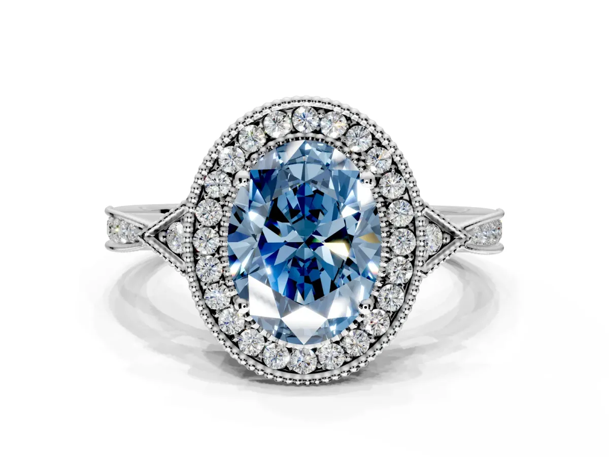 Halo Engagement Ring Setting for Fancy Blue Oval Center with Milgrain Rim, Pave Band and Prong Head in Platinum