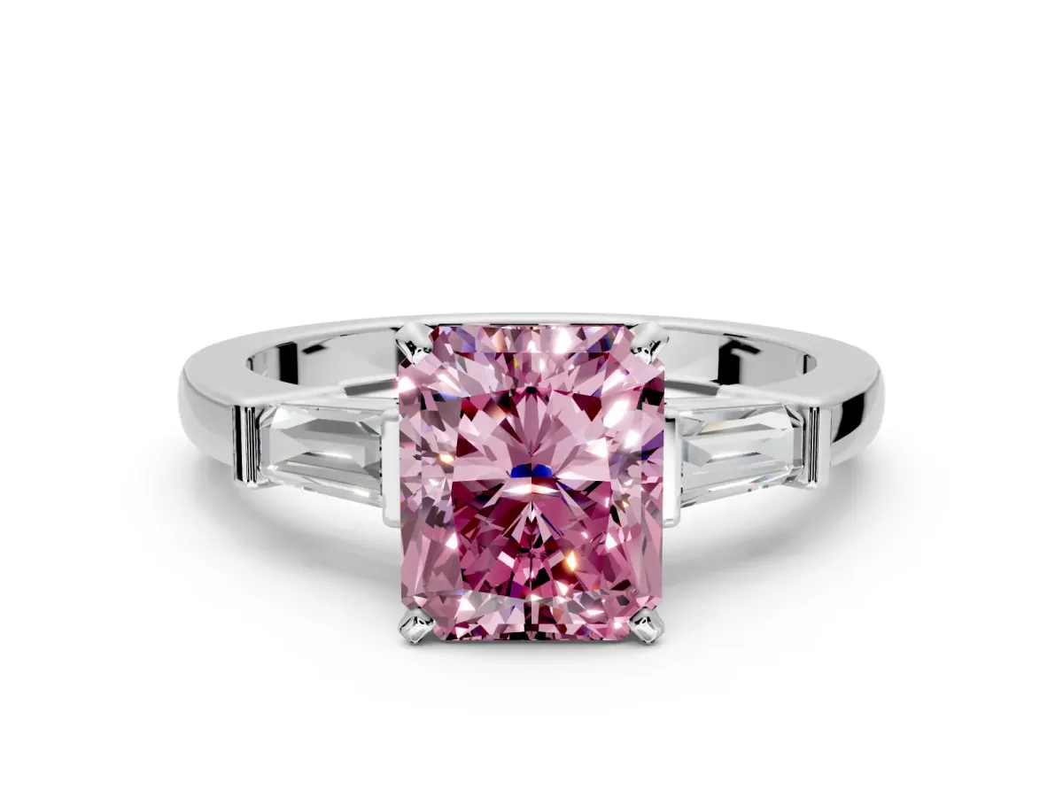 3 Stone Engagement Ring Setting for Fancy Pink Radiant Cut Center with Channel Baguette Accents and Prong Head in Sterling Silver