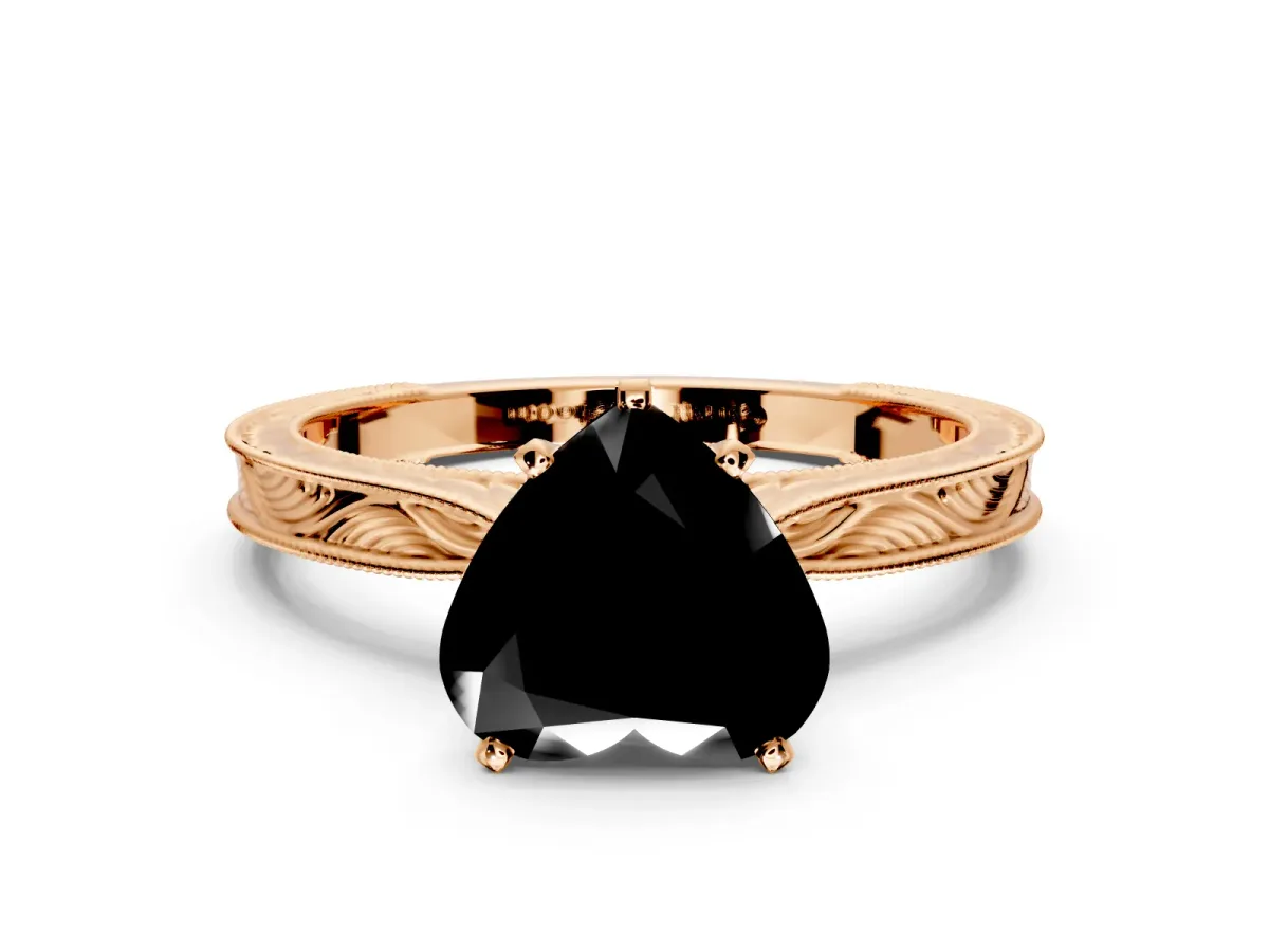Solitaire Engagement Ring Setting for Fancy Black Heart-Shaped Center with Engraved Milgrain Band and Prong Head in Rose Gold