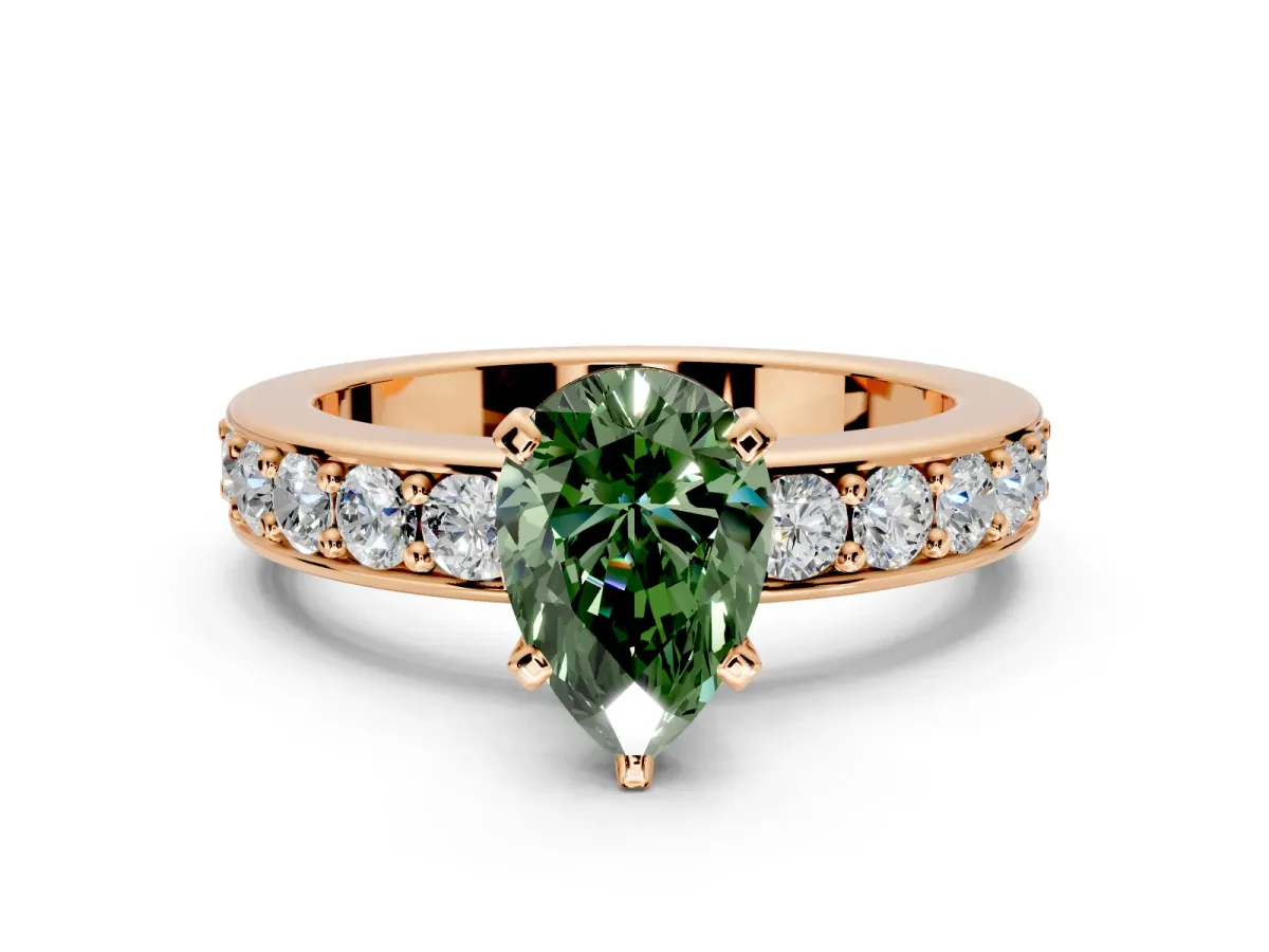 Solitaire Engagement Ring Setting for Fancy Green Pear-Shaped Center with Channel-Set Accents and Prong Head in Rose Gold