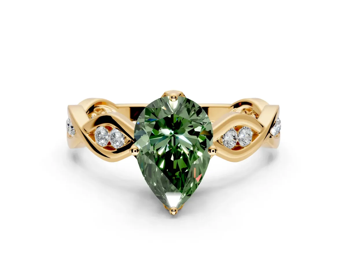 Solitaire Engagement Ring Setting for Fancy Green Pear-Shaped Center with Accented Twist Band and Leaf Prong Head in Yellow Gold