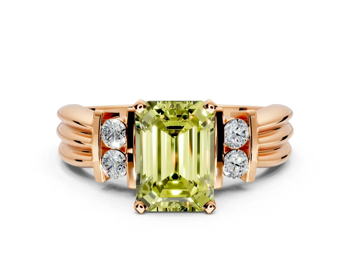 Solitaire Engagement Ring Setting for Fancy Yellow Emerald Cut Center with Grooved Bar Accent Band and Prong Head in Rose Gold