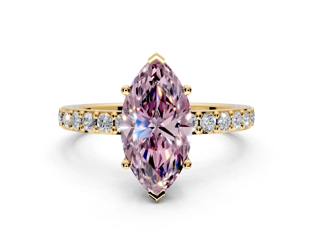 Solitaire Engagement Ring Setting for Fancy Pink Marquise Center with Round Cut Pave Band and Prong Head in Yellow Gold