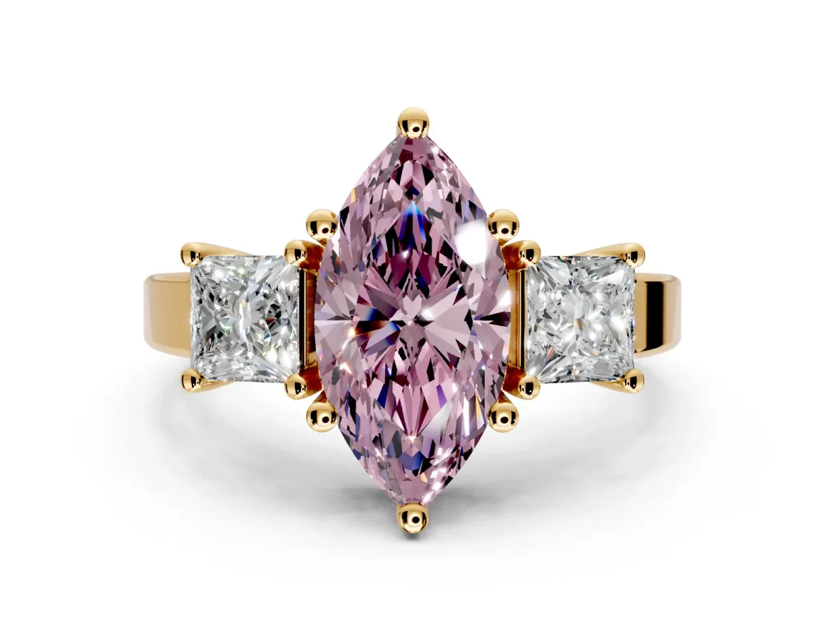 3 Stone Engagement Ring Setting for Fancy Pink Marquise Center with Matching Side Accents and Prong Head in Yellow Gold