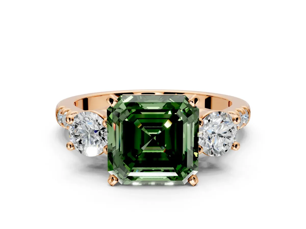 3 Stone Engagement Ring Setting for Fancy Green Asscher Cut Center with Crossover Basket, Pave Band and Prong Head in Rose Gold