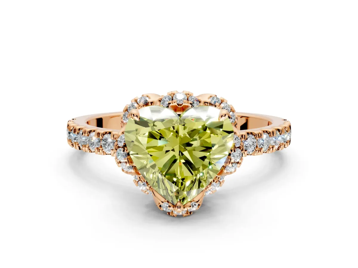Halo Engagement Ring Setting for Fancy Yellow Heart-Shaped Center with Openwork Halo, Pave Band and Prong Head in Rose Gold