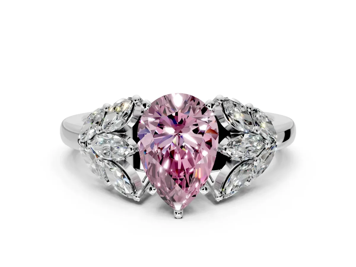 Leaf Cluster Engagement Ring Setting for Fancy Pink Pear-Shaped Center with Marquise Accents and Prong Head in Platinum