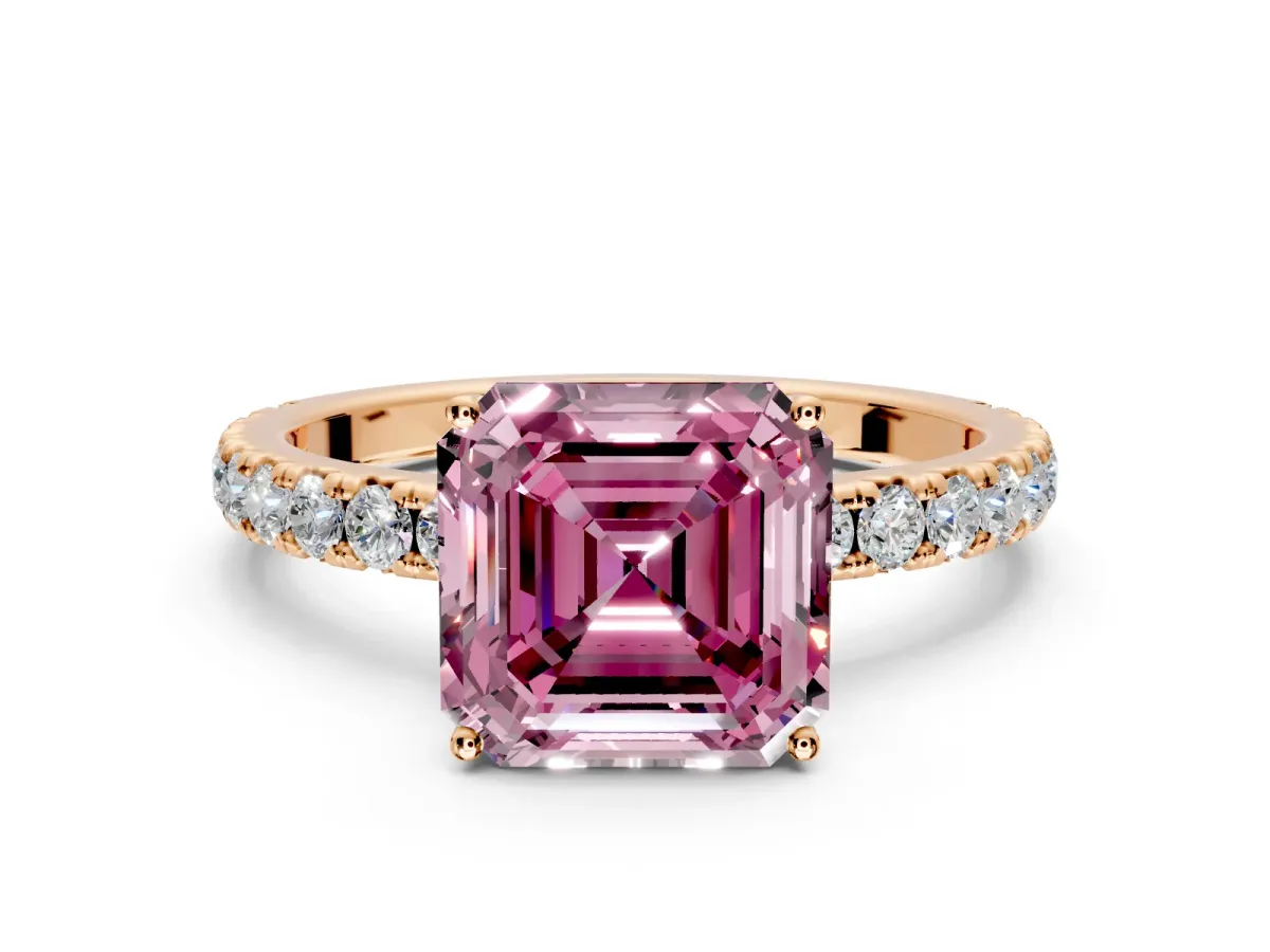 Solitaire Engagement Ring Setting for Fancy Pink Asscher Cut Center with Large Accent Band and Prong Head in Rose Gold
