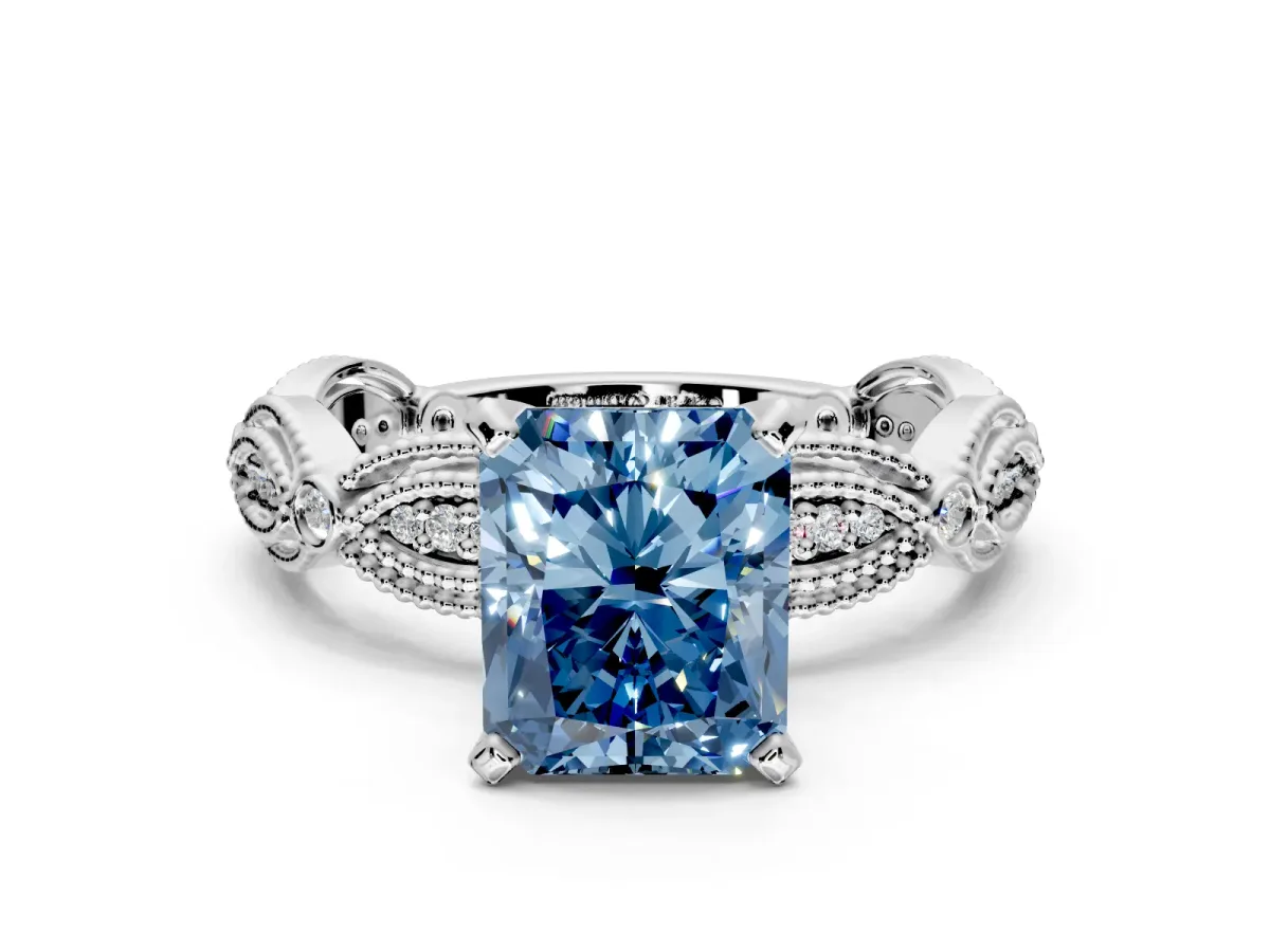 Solitaire Engagement Ring Setting for Fancy Blue Radiant Cut Center with Marquise Panel Band and Prong Head in White Gold