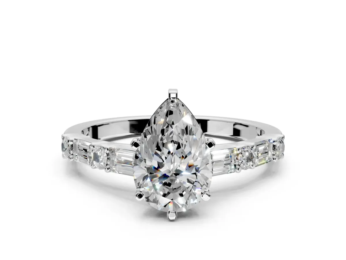 Baguette Engagement Ring Setting for Pear-Shaped Center with Alternating Bar-Set Band and Prong Head in Platinum