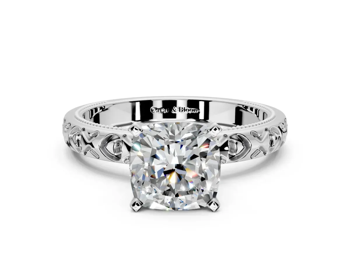 Solitaire Engagement Ring Setting for Cushion Cut Center with XO Engraved Band and Prong Head in Platinum