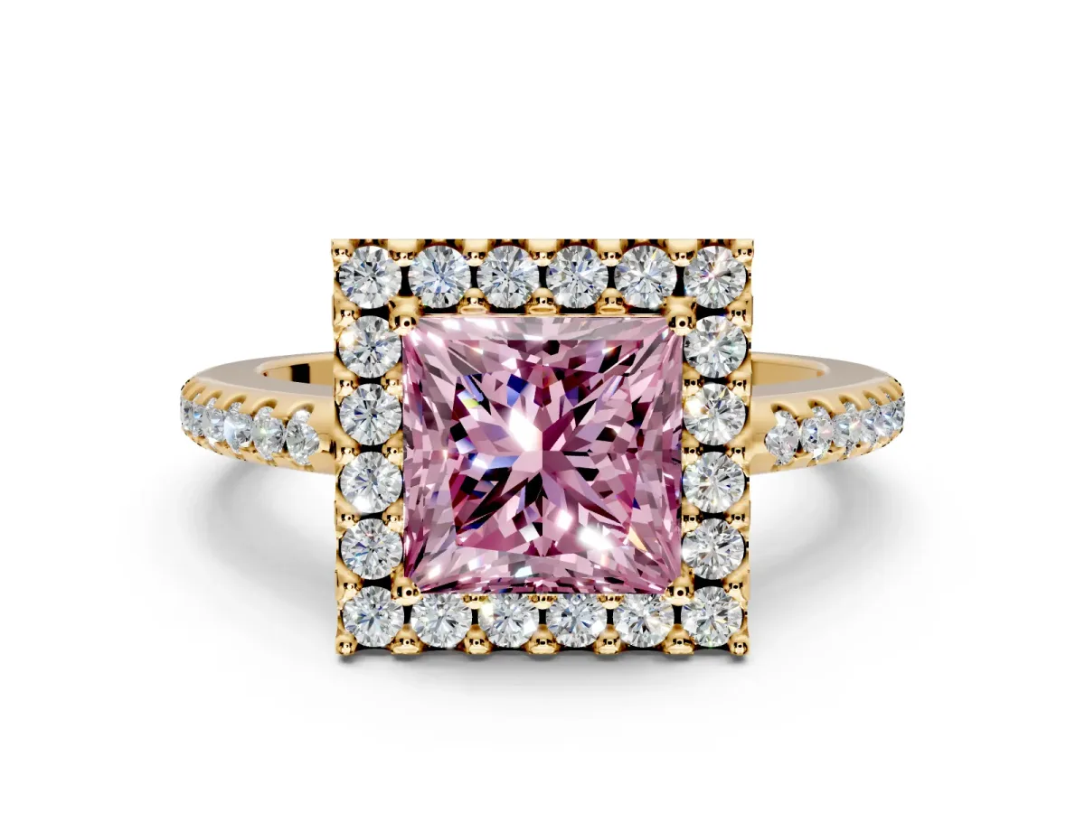 Pave Halo Engagement Ring Setting for Fancy Pink Princess Cut Center with Single Row Pave Band and Prong Head in Yellow Gold