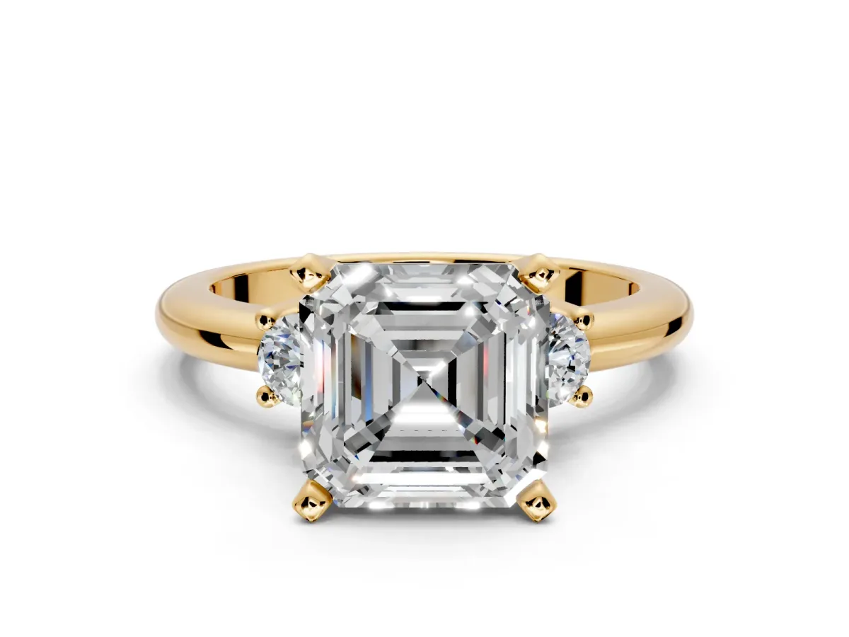 3 Stone Engagement Ring Setting for Asscher Cut Center with Wide Plain Band and Prong Head in Yellow Gold