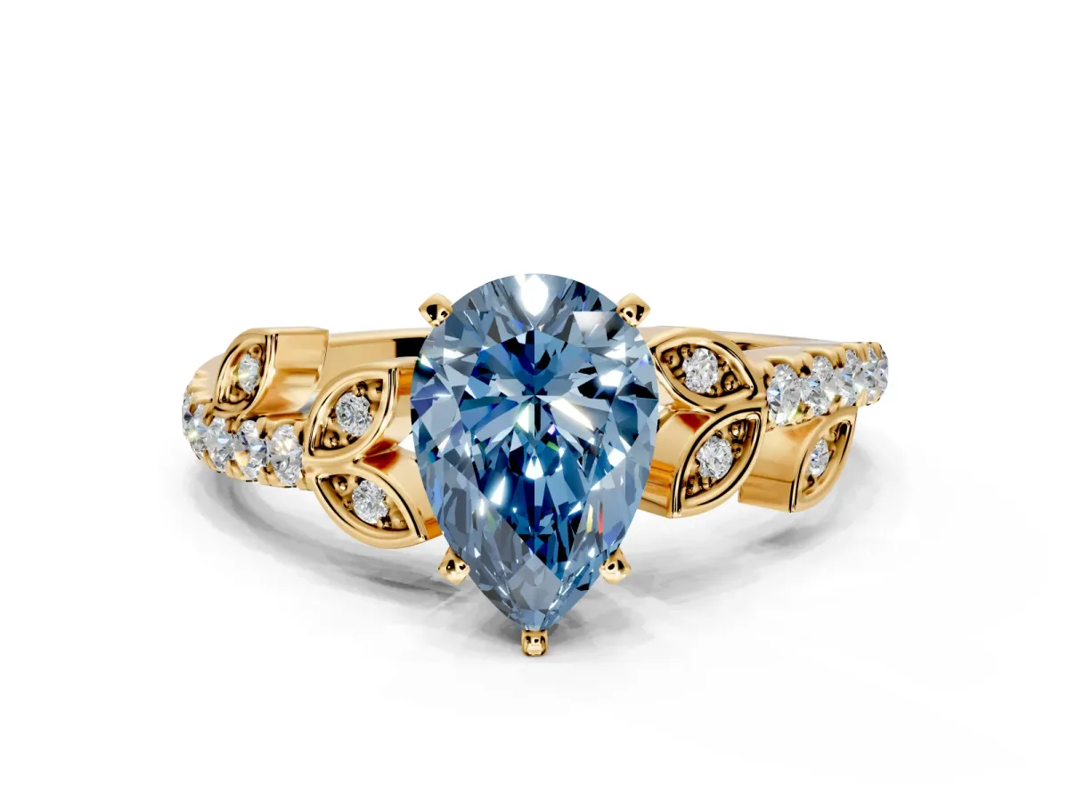 Leaf Motif Engagement Ring Setting for Fancy Blue Pear-Shaped Center with Pave Band and Prong Head in Yellow Gold