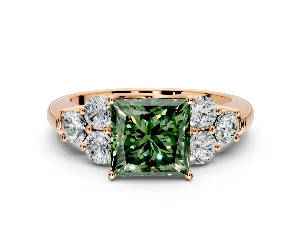 Cluster Engagement Ring Setting for Fancy Green Princess Cut Center with Round Cut Accent Frame and Prong Head in Rose Gold