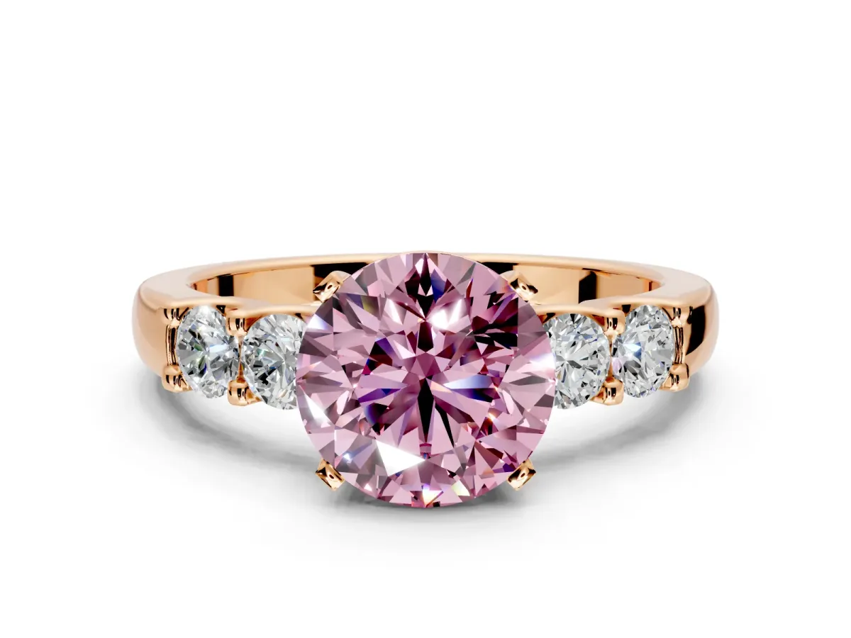 5 Stone Engagement Ring Setting for Fancy Pink Round Cut Center with Plain Band and Prong Head in Rose Gold