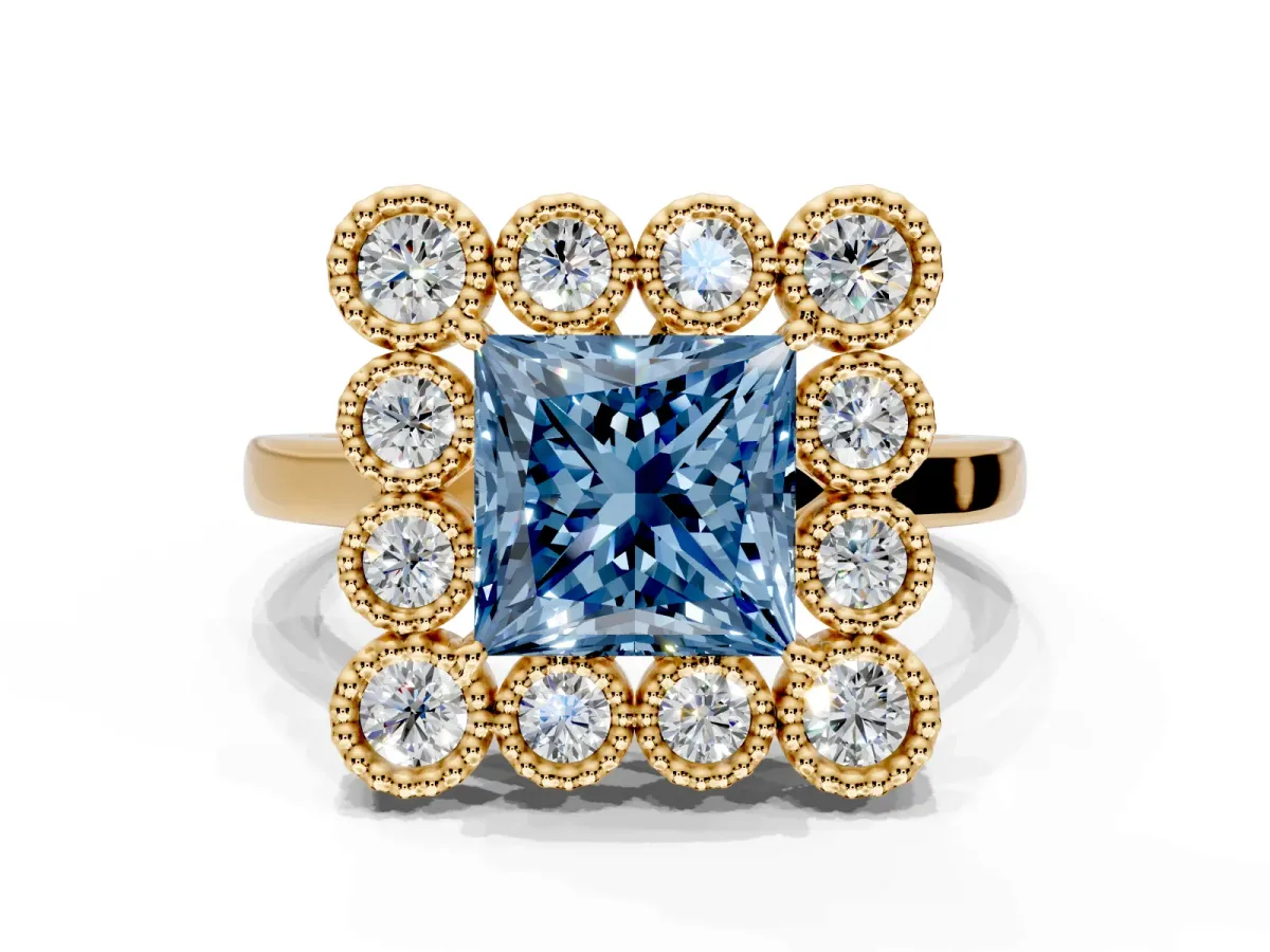 Cluster Halo Engagement Ring Setting for Fancy Blue Princess Cut Center with Milgrain Bezel Accents and Prong Head in Yellow Gold