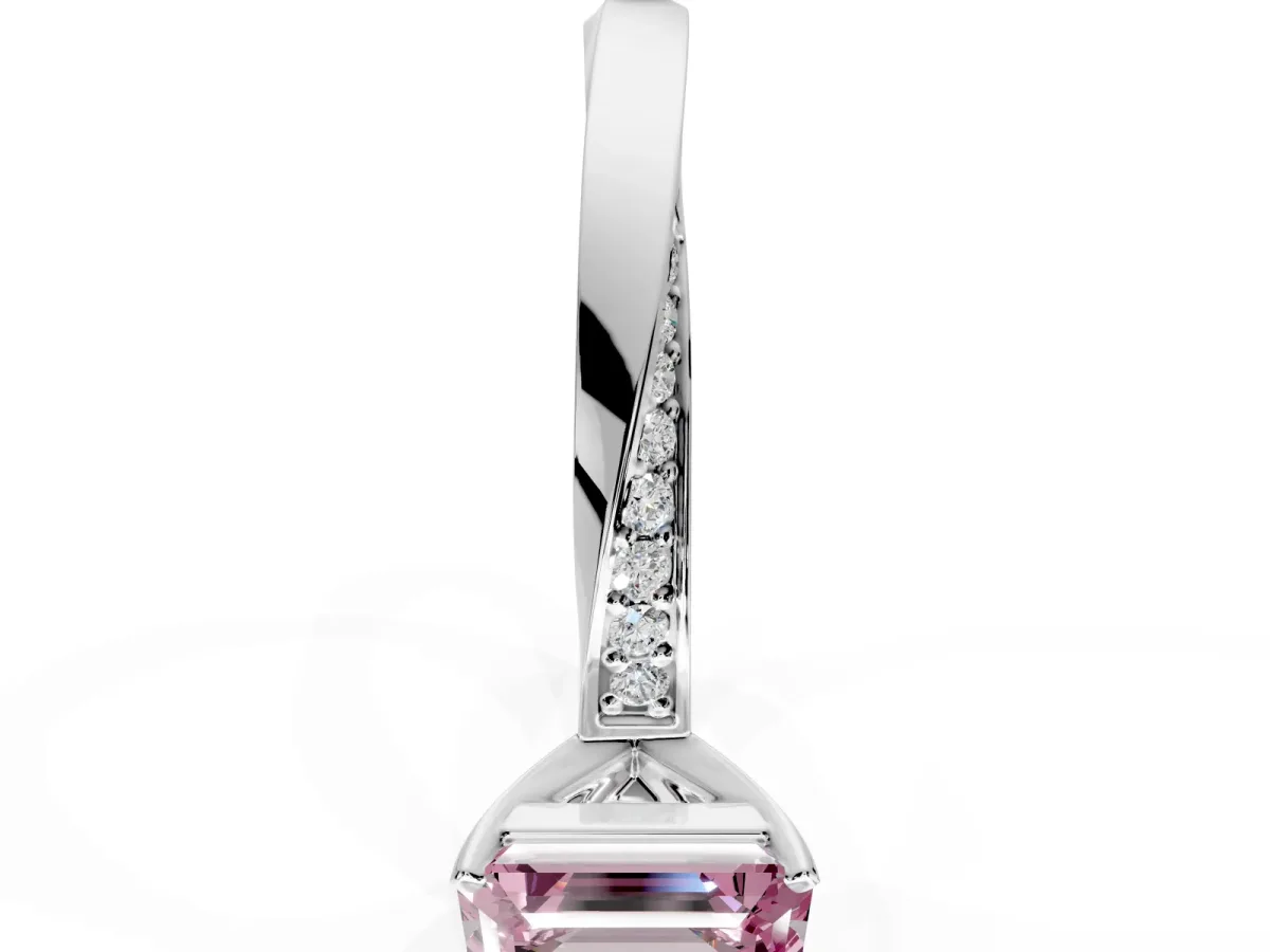 Side Accent Engagement Ring Setting for Fancy Pink Emerald Cut Center with Accent Shoulders and Prong Head in White Gold