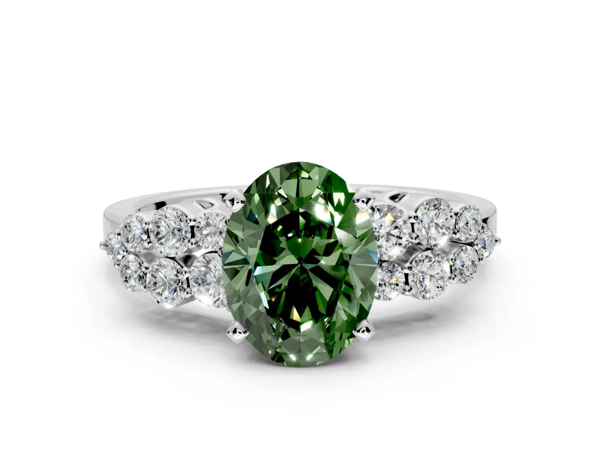 Cluster Engagement Ring Setting for Fancy Green Oval Center with 2-Row Shoulder Clusters and Prong Head in Sterling Silver