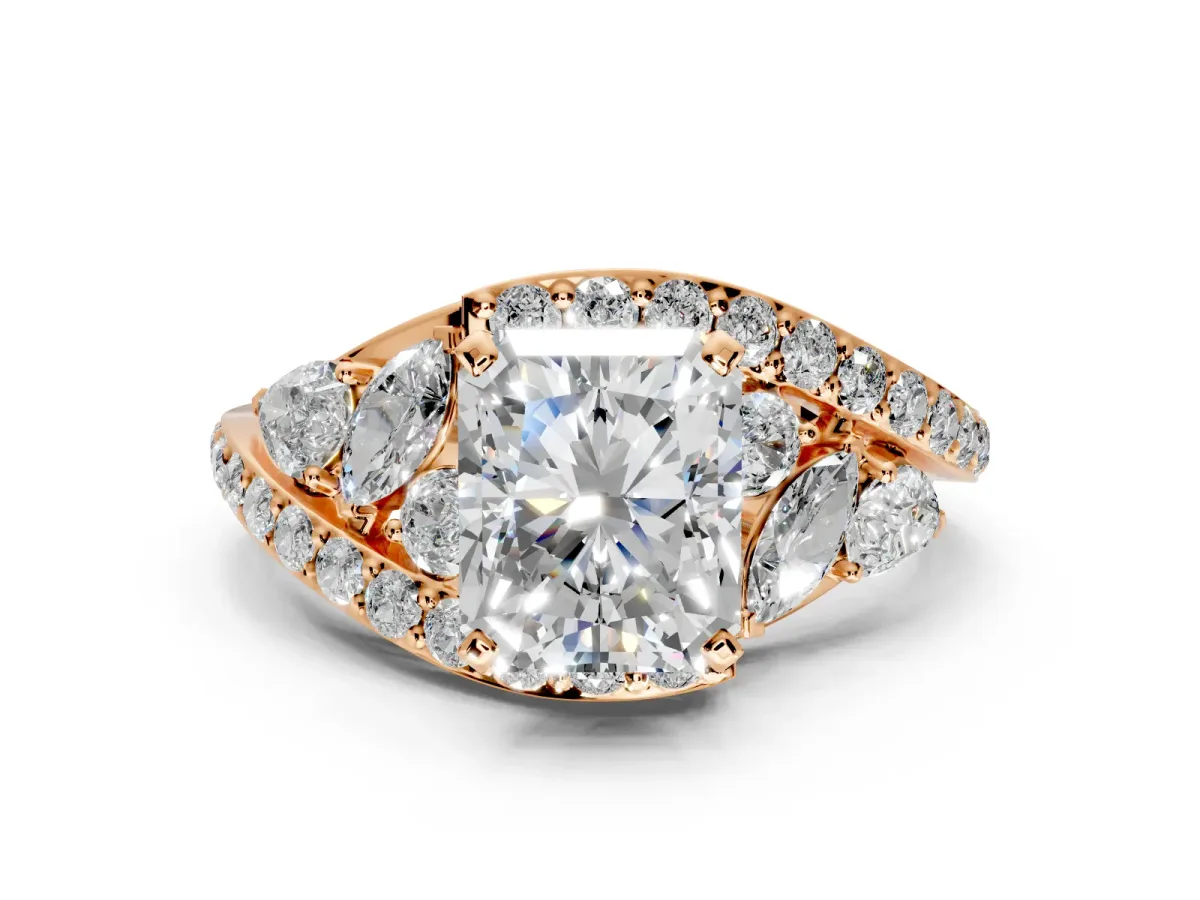 Halo Engagement Ring Setting for Radiant Cut Center with Marquise and Pave Bypass Band and Prong Head in Rose Gold