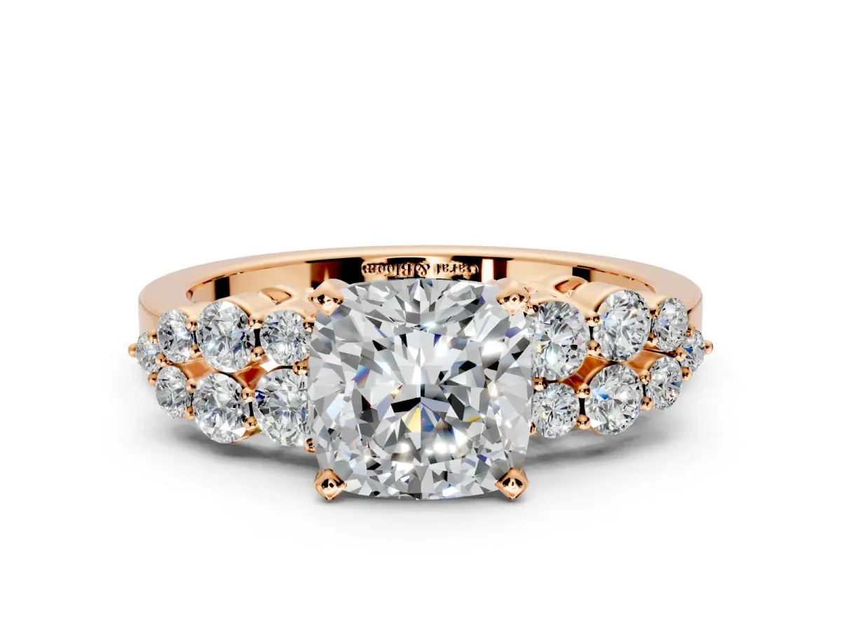 Cluster Engagement Ring Setting for Cushion Cut Center with 2-Row Shoulder Clusters and Prong Head in Rose Gold