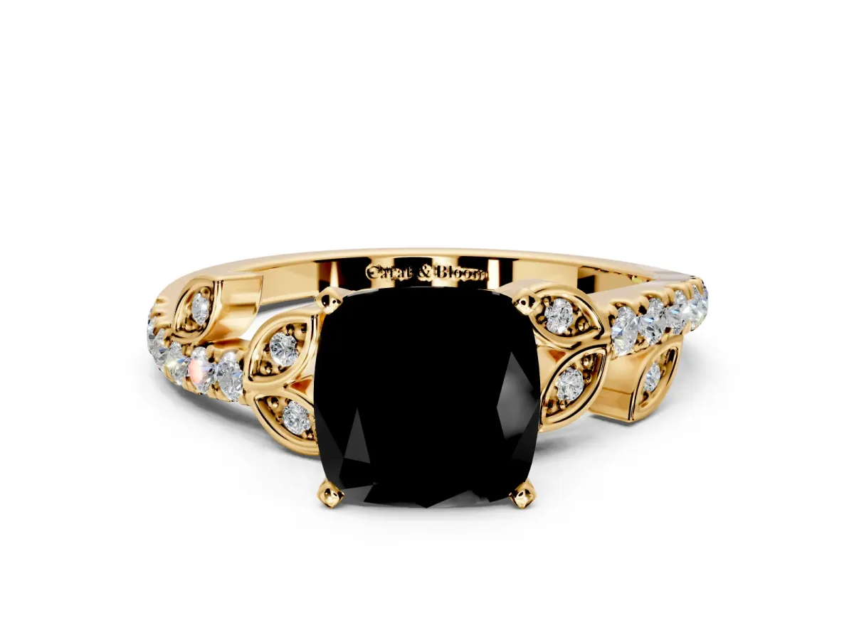 Leaf Motif Engagement Ring Setting for Fancy Black Cushion Cut Center with Pave Band and Prong Head in Yellow Gold