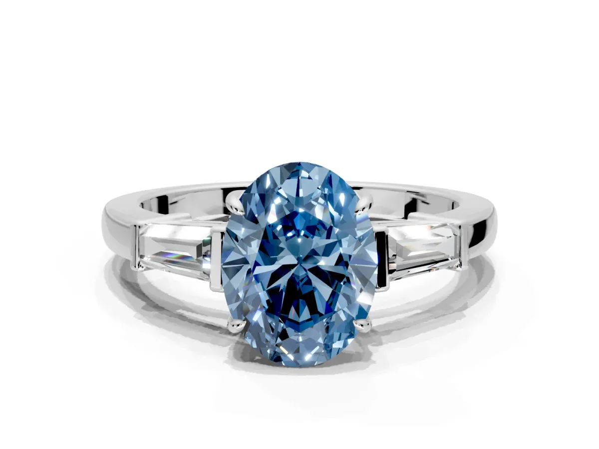 3 Stone Engagement Ring Setting for Fancy Blue Oval Center with Baguette Accents and Prong Head in Platinum