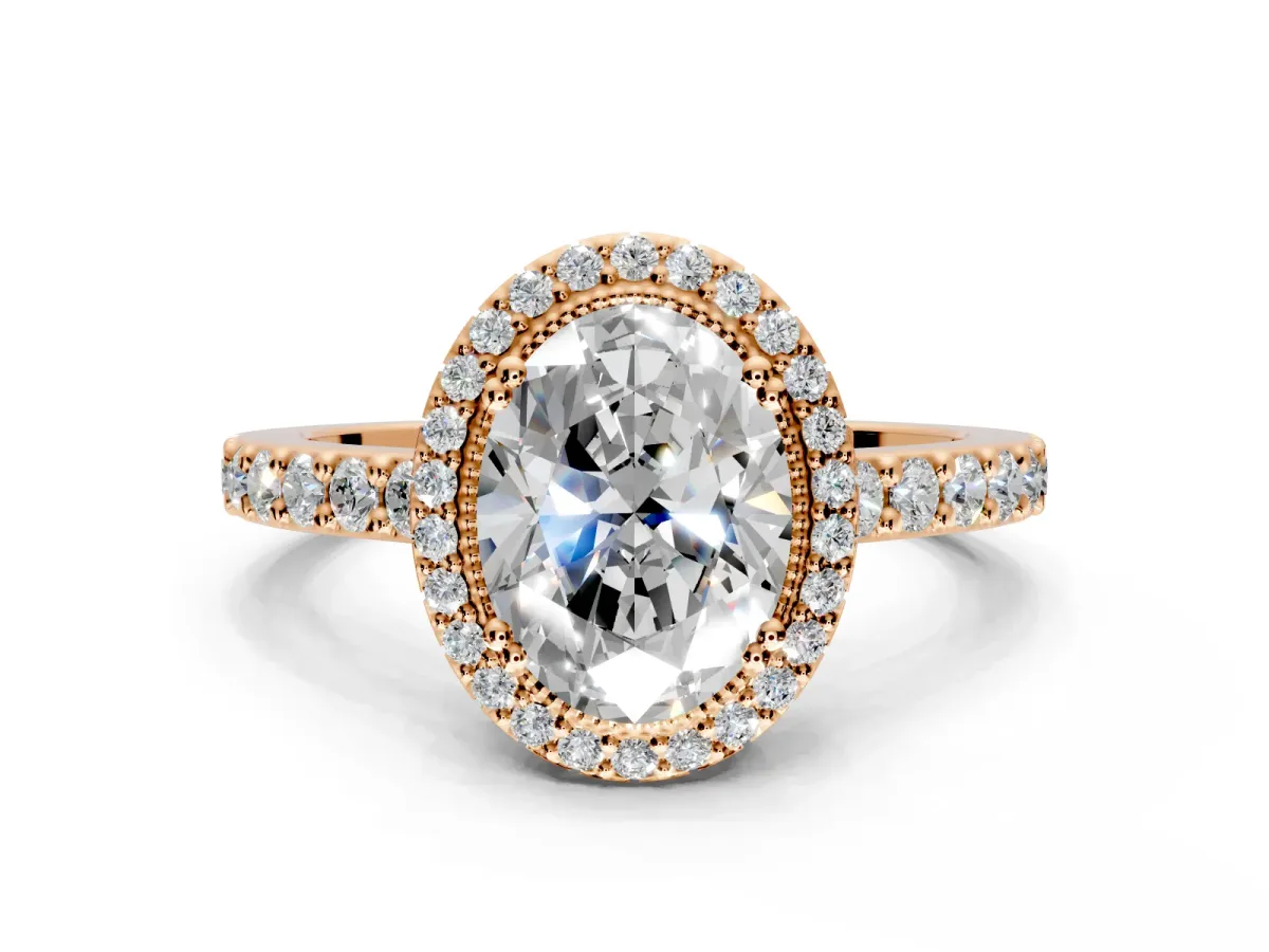 Halo Engagement Ring Setting for Oval Center with Inner Milgrain Border and Prong Head in Rose Gold