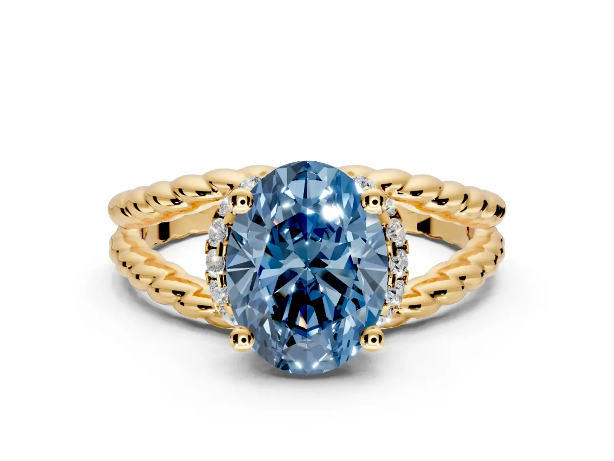 Halo Engagement Ring Setting for Fancy Blue Oval Center with Rope Twist Split Shank and Prong Head in Yellow Gold