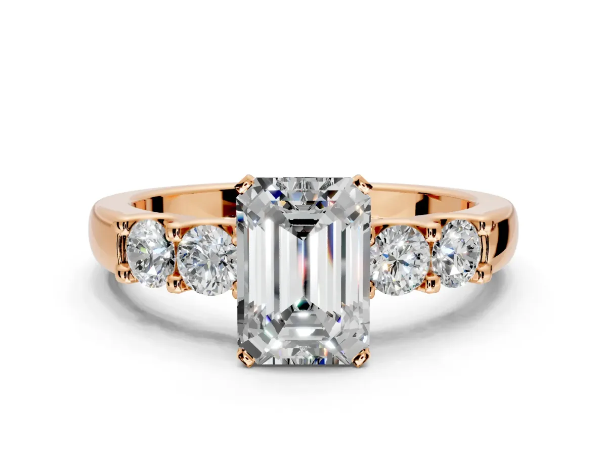 5 Stone Engagement Ring Setting for Emerald Cut Center with Plain Band and Prong Head in Rose Gold