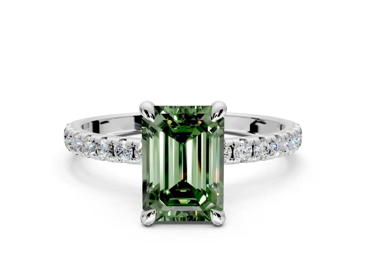 Solitaire Engagement Ring Setting for Fancy Green Emerald Cut Center with Fine Pave Narrow Band and Prong Head in White Gold