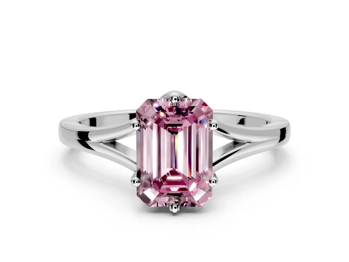 Solitaire Engagement Ring Setting for Fancy Pink Emerald Cut Center with Plain Split Shank and Prong Head in Platinum