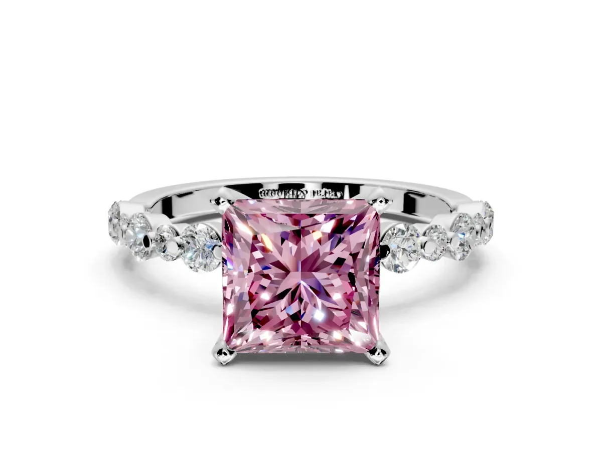Solitaire Engagement Ring Setting for Fancy Pink Princess Cut Center with Alternating Size Accents and Prong Head in White Gold