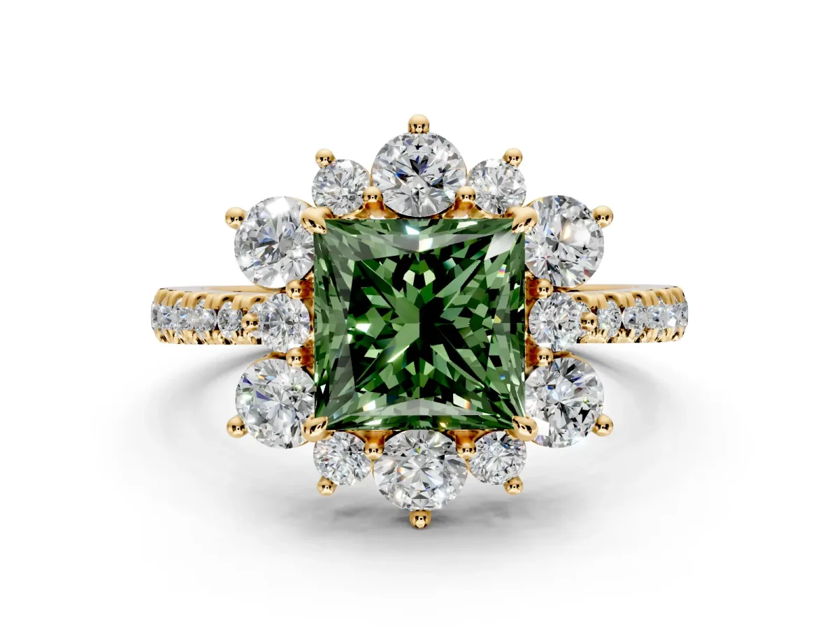 Floral Halo Engagement Ring Setting for Fancy Green Princess Cut Center with Pave Accents and Prong Head in Yellow Gold