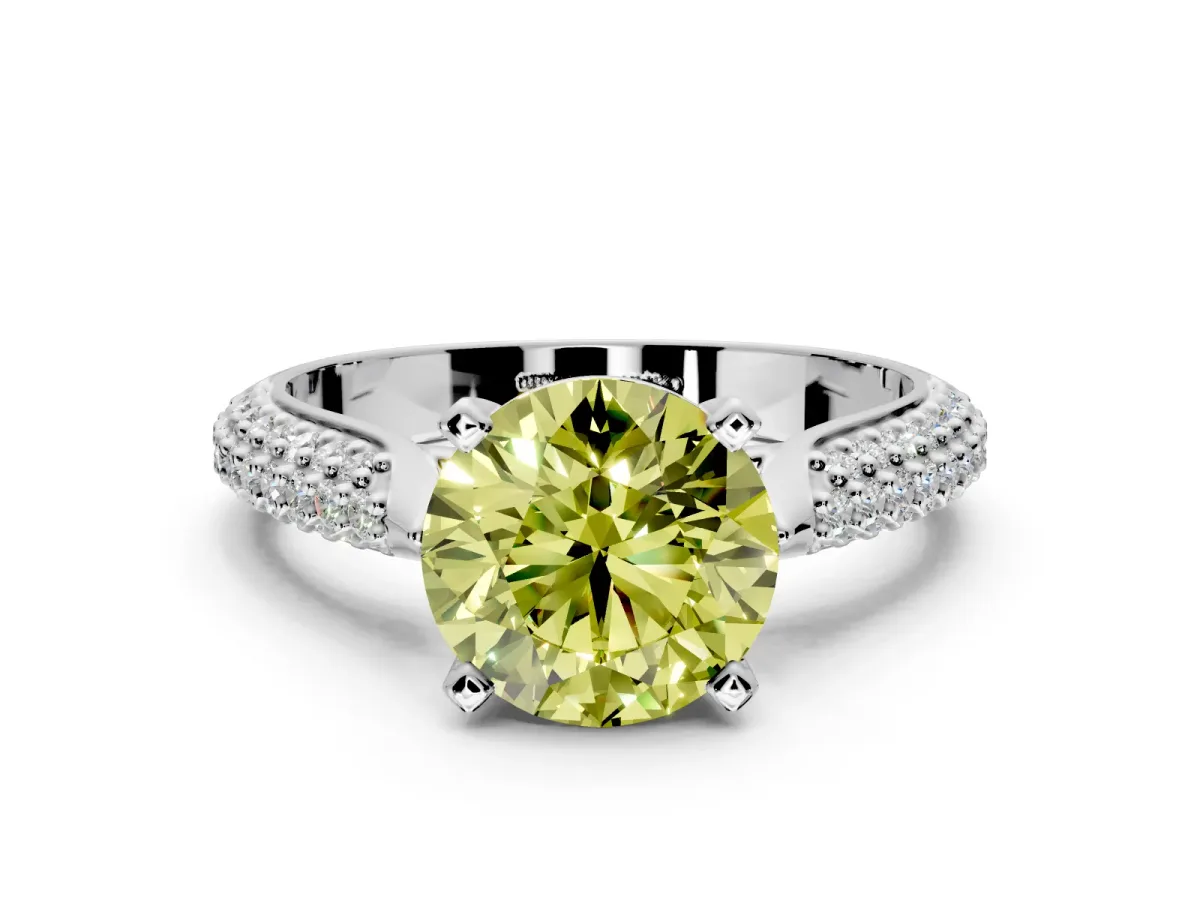 Solitaire Engagement Ring Setting for Fancy Yellow Round Cut Center with Multi-Row Accents and Prong Head in Platinum