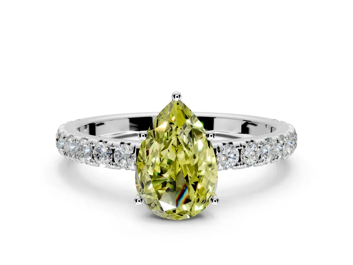 Solitaire Engagement Ring Setting for Fancy Yellow Pear-Shaped Center with Large Accent Band and Prong Head in Sterling Silver