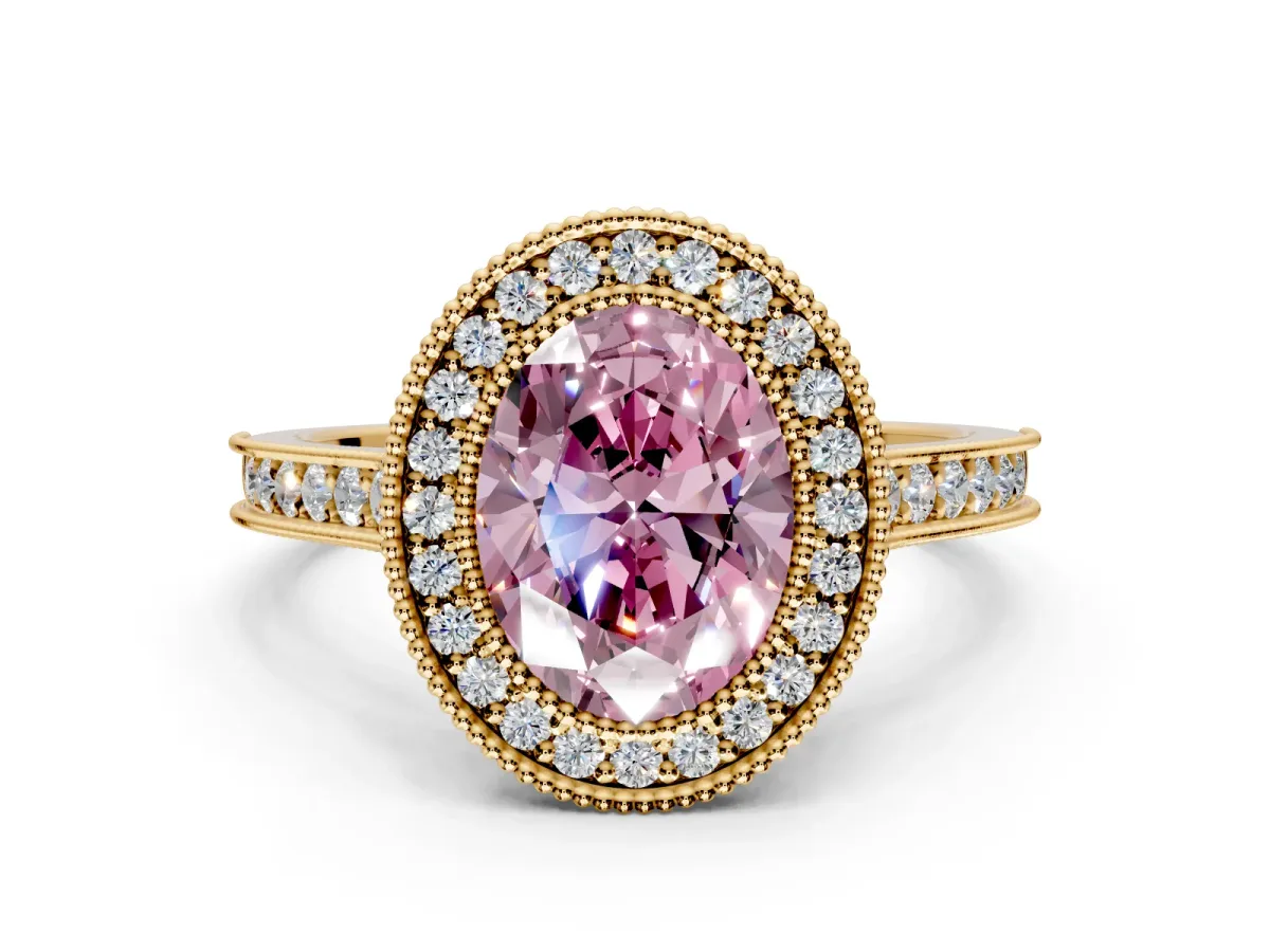 Halo Engagement Ring Setting for Fancy Pink Oval Center with Milgrain Pave Band and Bezel Head in Yellow Gold