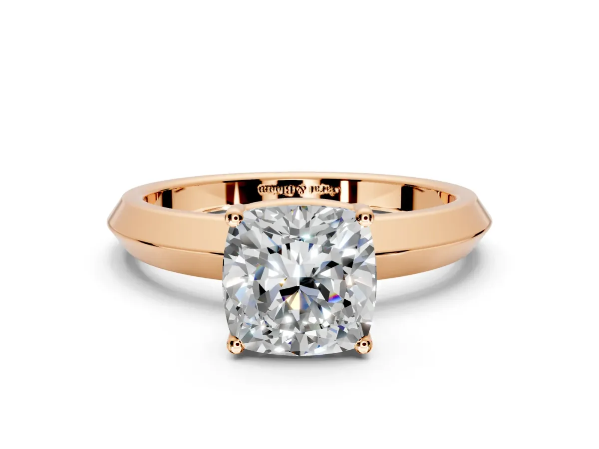 Solitaire Engagement Ring Setting for Cushion Cut Center with Wide Knife Ridge Band and Prong Head in Rose Gold