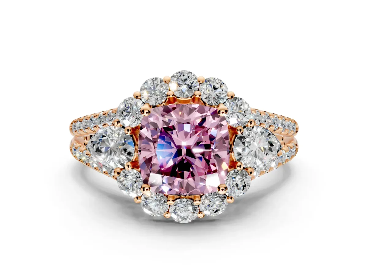 Halo Engagement Ring Setting for Fancy Pink Cushion Cut Center with Two-Strand Split Shank and Prong Head in Rose Gold