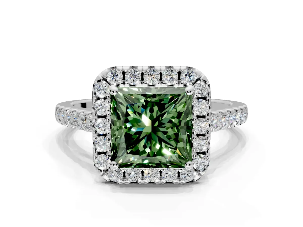 Halo Engagement Ring Setting for Fancy Green Princess Cut Center with Narrowing Pave Band and Prong Head in White Gold
