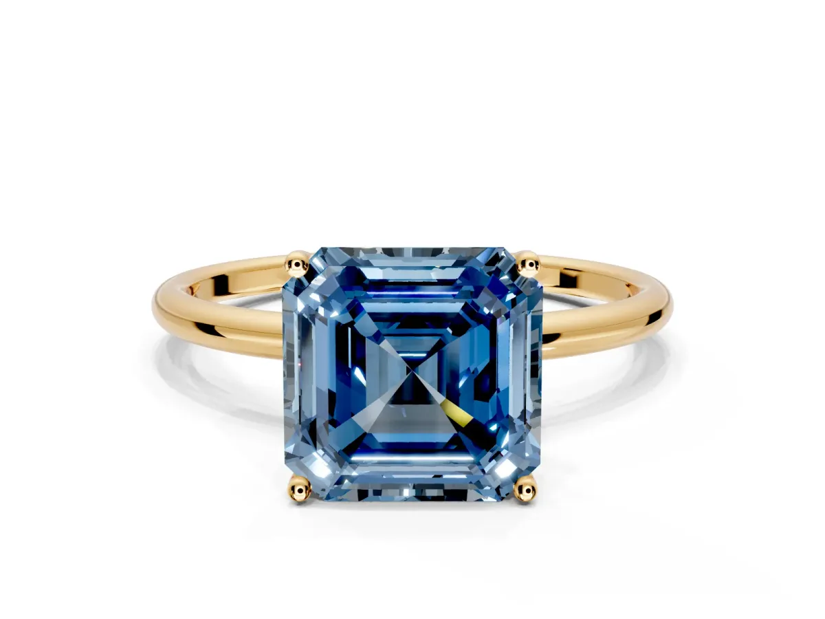 Solitaire Engagement Ring Setting for Fancy Blue Asscher Cut Center with Straight Thin Band and Prong Head in Yellow Gold