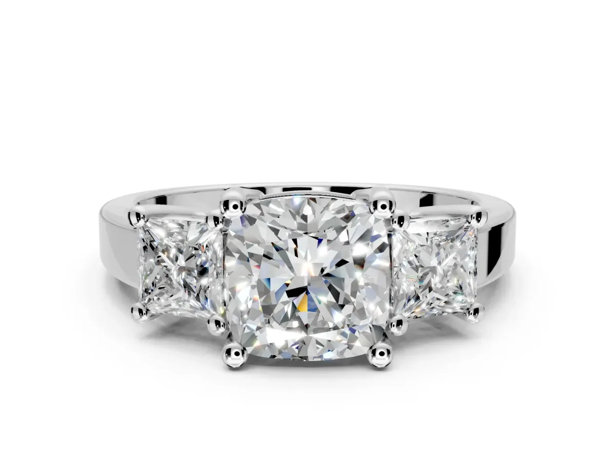 3 Stone Engagement Ring Setting for Cushion Cut Center with Matching Side Accents and Prong Head in Platinum