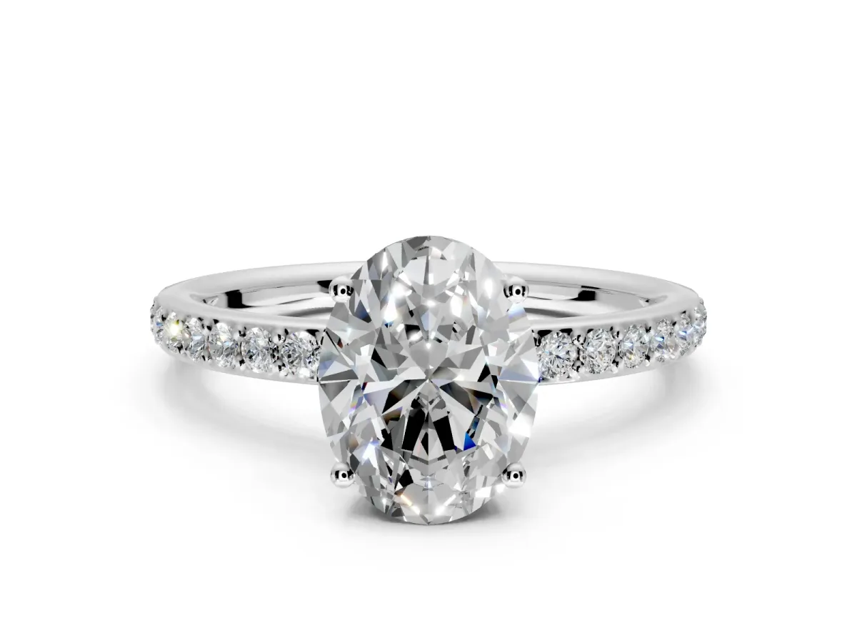 Solitaire Engagement Ring Setting for Oval Center with Fine Pave Band and Prong Head in White Gold