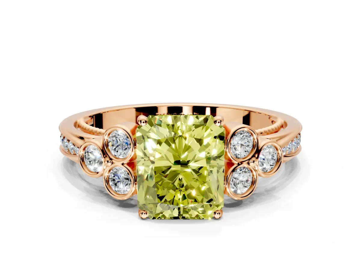 Cluster Engagement Ring Setting for Fancy Yellow Radiant Cut Center with Bezel Accent Clusters and Prong Head in Rose Gold