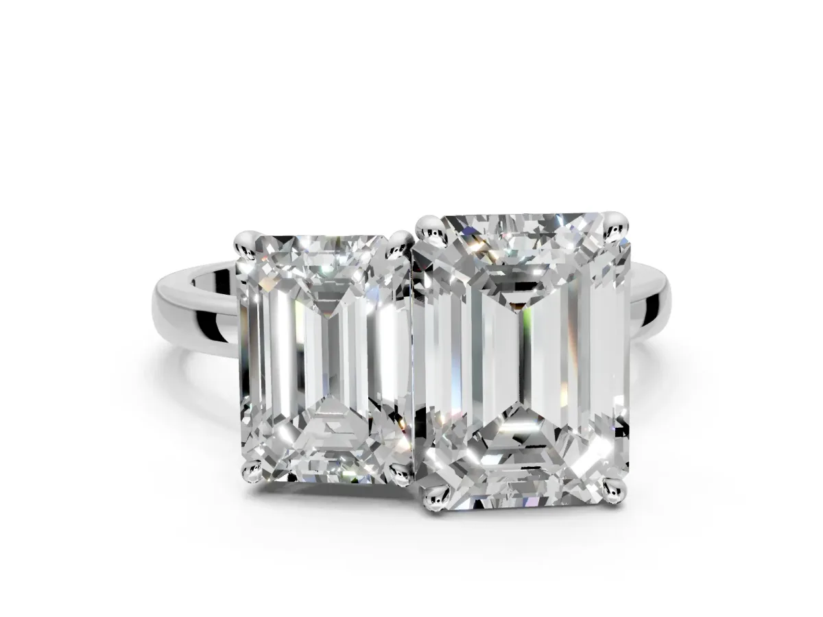 Emerald Cut and Emerald Cut Lab-Grown Diamond Toi et Moi Engagement Ring with Prong-Set Stones in Platinum