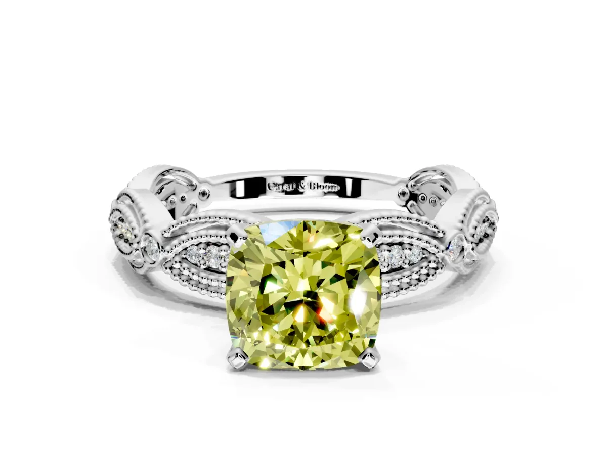 Solitaire Engagement Ring Setting for Fancy Yellow Cushion Cut Center with Marquise Panel Band and Prong Head in Sterling Silver