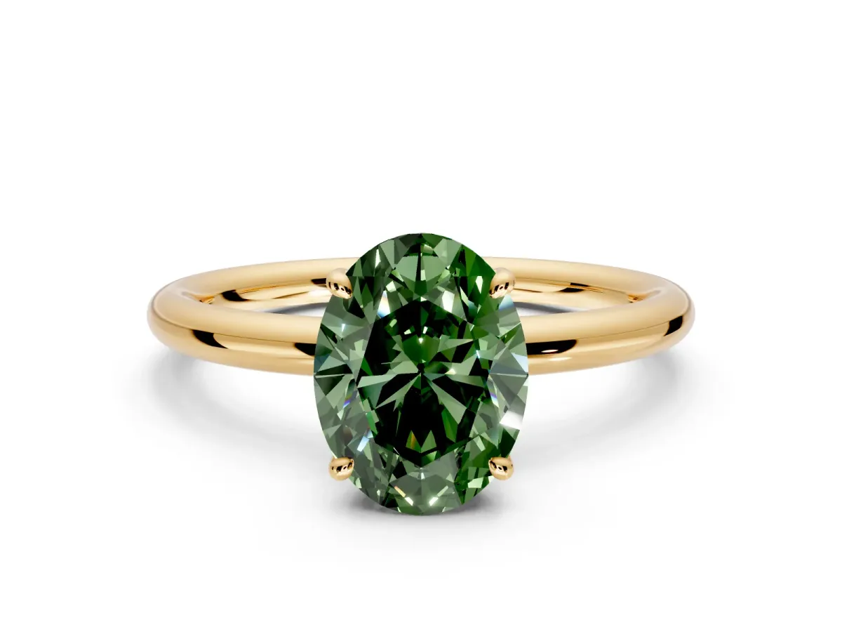 Hidden Halo Engagement Ring Setting for Fancy Green Oval Center with Thin Rounded Band and Prong Head in Yellow Gold