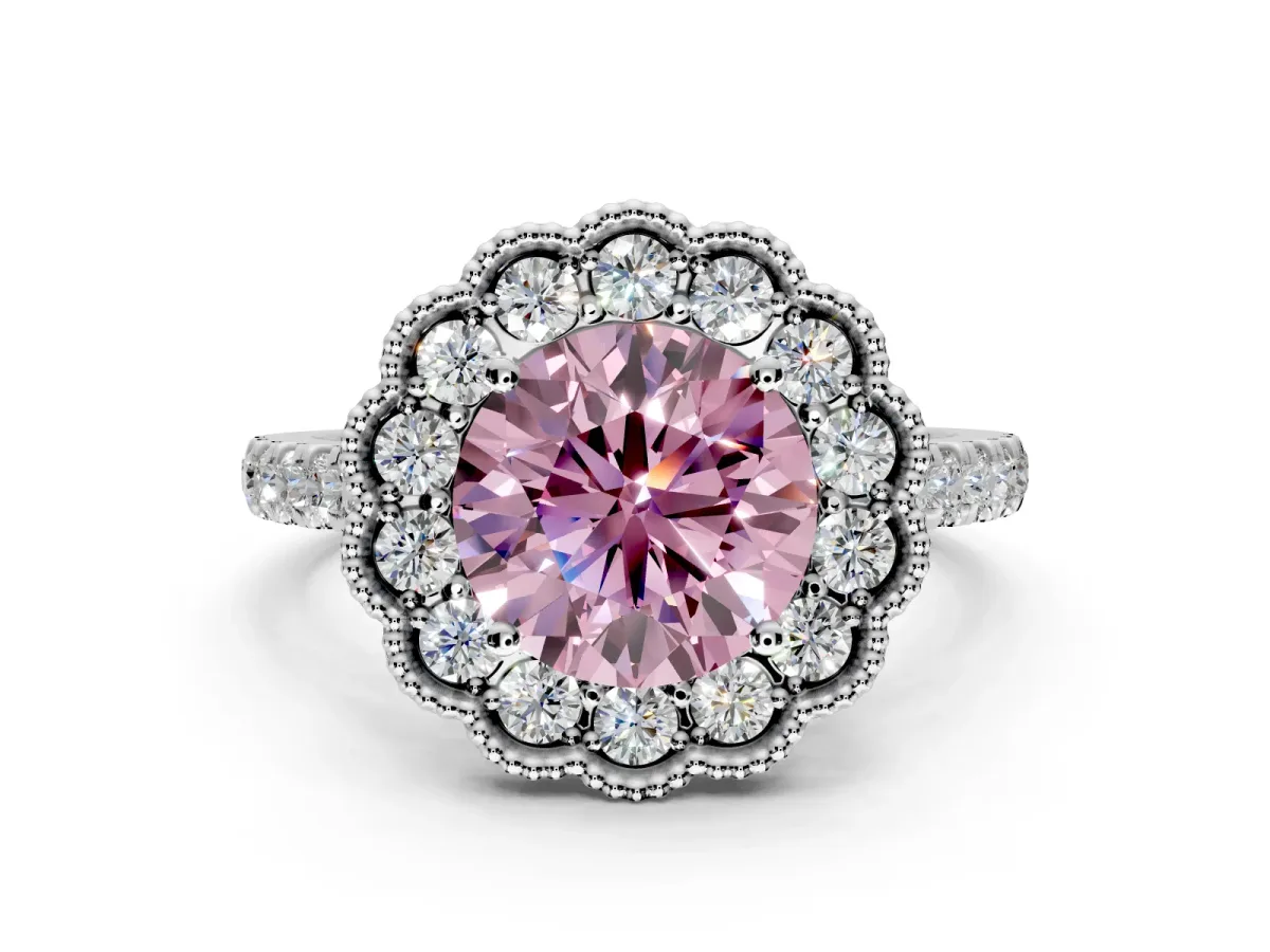 Milgrain Floral Halo Engagement Ring Setting for Fancy Pink Round Cut Center with Pave Band and Prong Head in Platinum