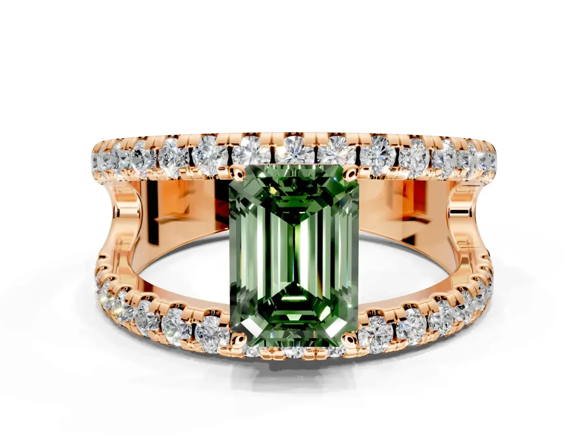 Solitaire Engagement Ring Setting for Fancy Green Emerald Cut Center with Wide-Open Split Shank and Prong Head in Rose Gold